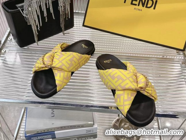 Best Grade Fendi Feel Flat Slides Sandal in FF Satin with D-ring Buckle Yellow 0425141