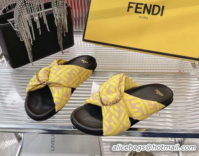 Best Grade Fendi Feel Flat Slides Sandal in FF Satin with D-ring Buckle Yellow 0425141