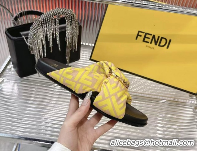 Best Grade Fendi Feel Flat Slides Sandal in FF Satin with D-ring Buckle Yellow 0425141
