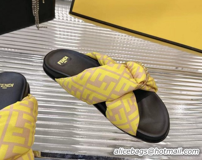 Best Grade Fendi Feel Flat Slides Sandal in FF Satin with D-ring Buckle Yellow 0425141