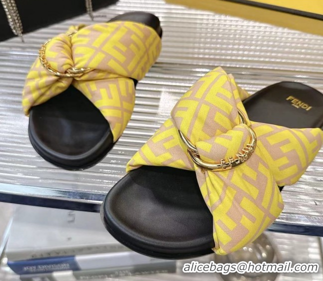 Best Grade Fendi Feel Flat Slides Sandal in FF Satin with D-ring Buckle Yellow 0425141