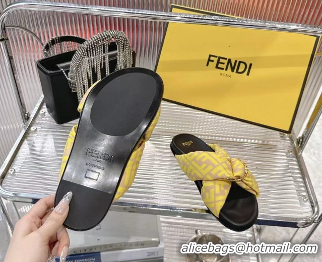 Best Grade Fendi Feel Flat Slides Sandal in FF Satin with D-ring Buckle Yellow 0425141