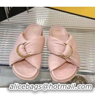 Top Grade Fendi Feel Flat Slides Sandal in Lambskin Leather with D-ring Buckle Pink 0425140
