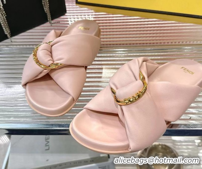 Top Grade Fendi Feel Flat Slides Sandal in Lambskin Leather with D-ring Buckle Pink 0425140