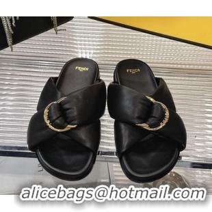 Best Price Fendi Feel Flat Slides Sandal in Lambskin Leather with D-ring Buckle Black 0425143