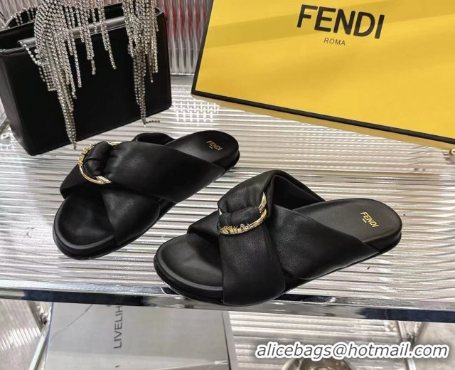 Best Price Fendi Feel Flat Slides Sandal in Lambskin Leather with D-ring Buckle Black 0425143