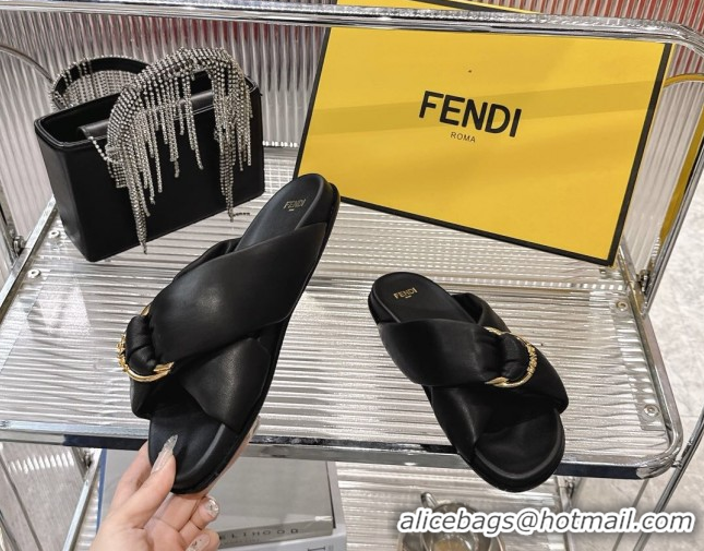 Best Price Fendi Feel Flat Slides Sandal in Lambskin Leather with D-ring Buckle Black 0425143