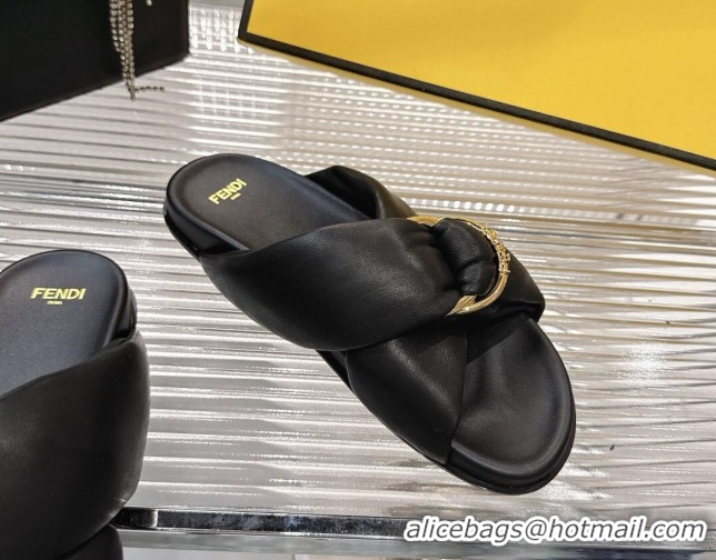Best Price Fendi Feel Flat Slides Sandal in Lambskin Leather with D-ring Buckle Black 0425143