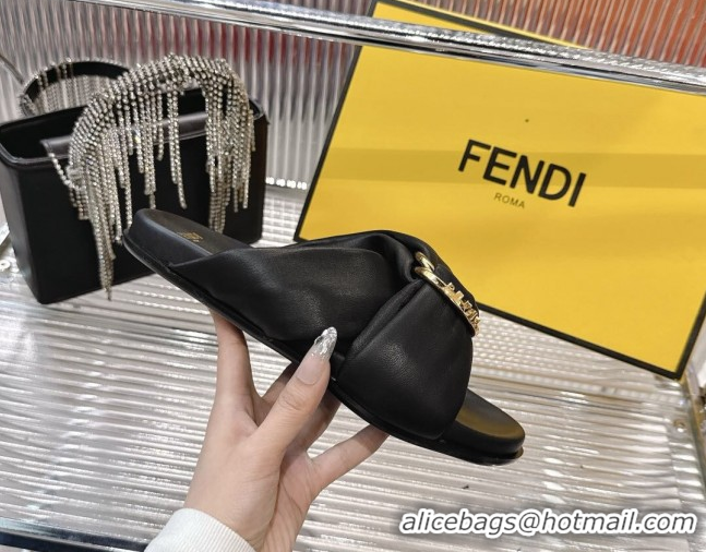Best Price Fendi Feel Flat Slides Sandal in Lambskin Leather with D-ring Buckle Black 0425143