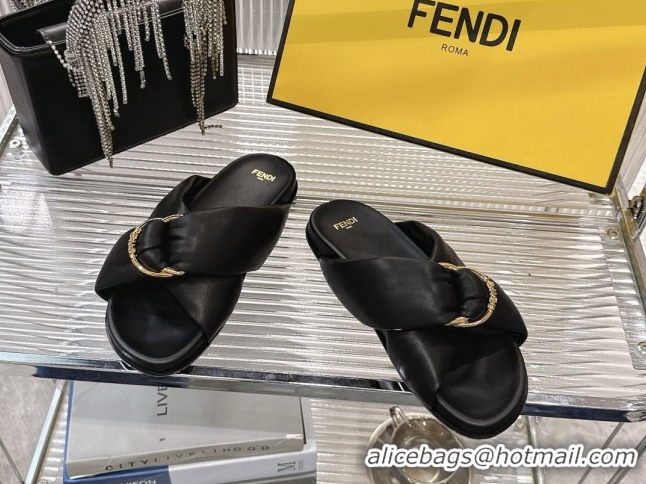 Best Price Fendi Feel Flat Slides Sandal in Lambskin Leather with D-ring Buckle Black 0425143