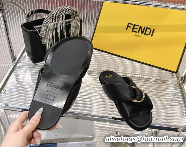 Best Price Fendi Feel Flat Slides Sandal in Lambskin Leather with D-ring Buckle Black 0425143
