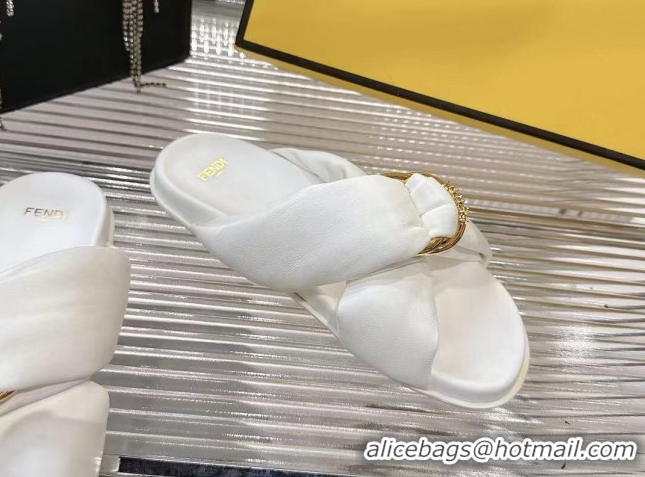 Low Price Fendi Feel Flat Slides Sandal in Lambskin Leather with D-ring Buckle White 0425142