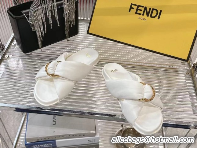 Low Price Fendi Feel Flat Slides Sandal in Lambskin Leather with D-ring Buckle White 0425142