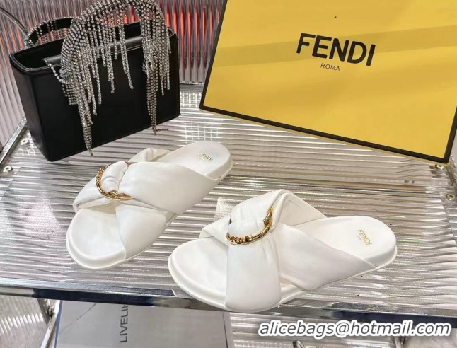 Low Price Fendi Feel Flat Slides Sandal in Lambskin Leather with D-ring Buckle White 0425142