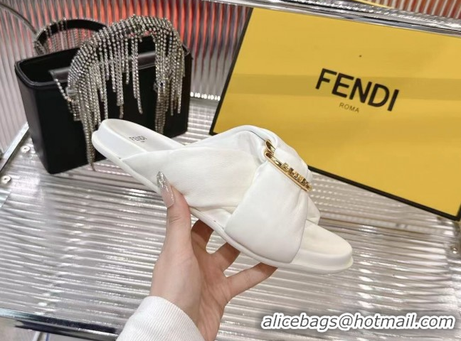 Low Price Fendi Feel Flat Slides Sandal in Lambskin Leather with D-ring Buckle White 0425142