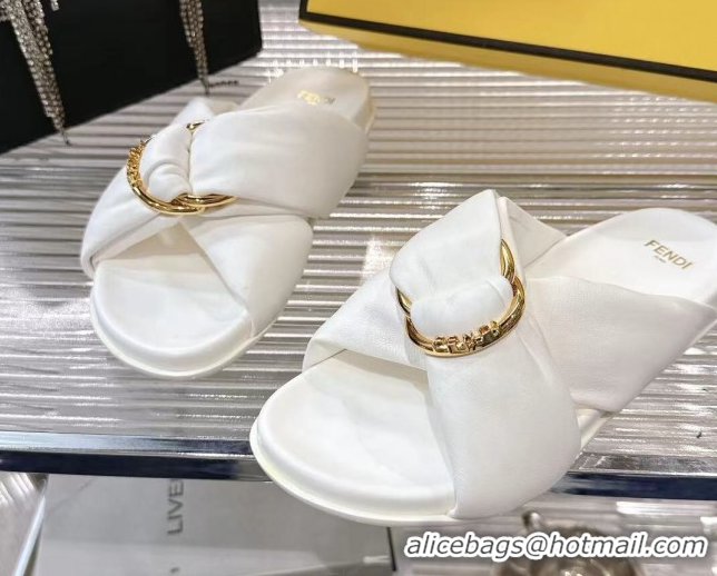 Low Price Fendi Feel Flat Slides Sandal in Lambskin Leather with D-ring Buckle White 0425142