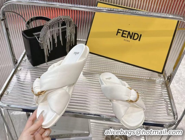 Low Price Fendi Feel Flat Slides Sandal in Lambskin Leather with D-ring Buckle White 0425142