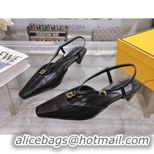 Lowest Price Fendi FFold Slingbacks Heeled Sandals 5cm in Eel Emboosed Leather Black 0425144