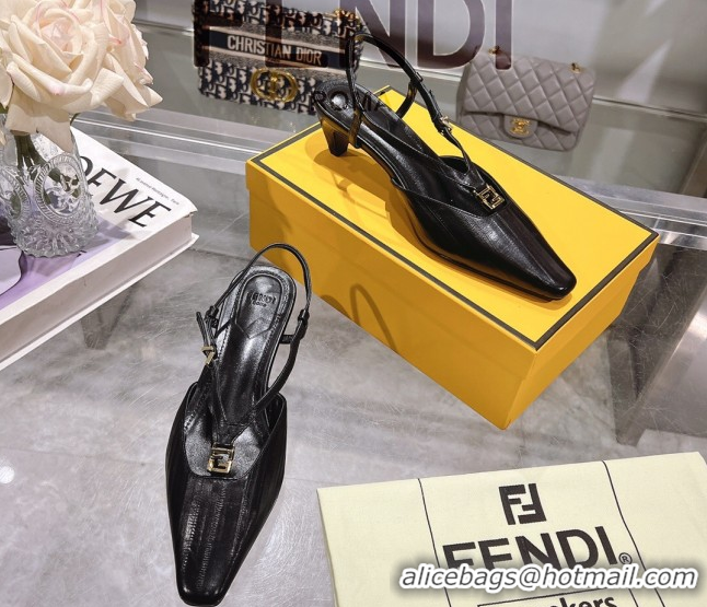Lowest Price Fendi FFold Slingbacks Heeled Sandals 5cm in Eel Emboosed Leather Black 0425144