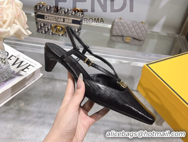 Lowest Price Fendi FFold Slingbacks Heeled Sandals 5cm in Eel Emboosed Leather Black 0425144