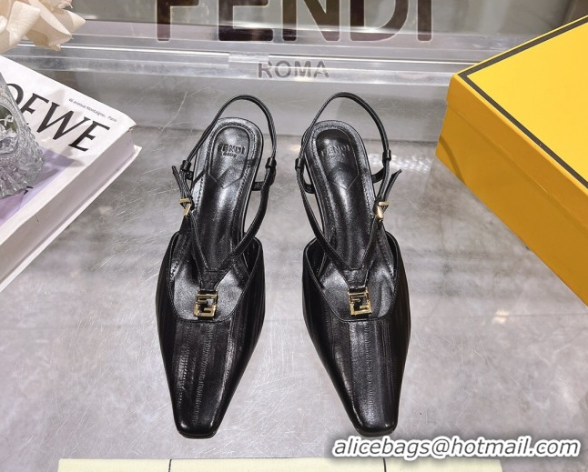 Lowest Price Fendi FFold Slingbacks Heeled Sandals 5cm in Eel Emboosed Leather Black 0425144