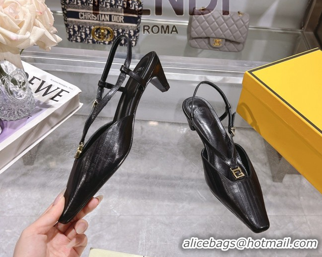 Lowest Price Fendi FFold Slingbacks Heeled Sandals 5cm in Eel Emboosed Leather Black 0425144