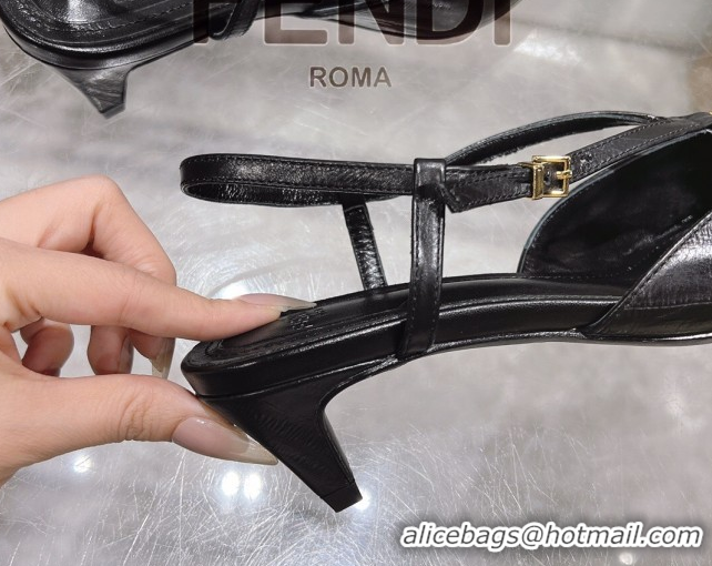 Lowest Price Fendi FFold Slingbacks Heeled Sandals 5cm in Eel Emboosed Leather Black 0425144