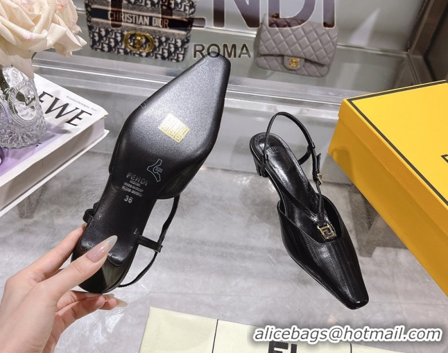 Lowest Price Fendi FFold Slingbacks Heeled Sandals 5cm in Eel Emboosed Leather Black 0425144