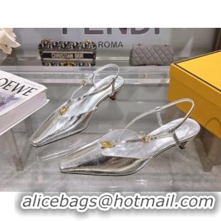 Good Looking Fendi FFold Slingbacks Heeled Sandals 5cm in Eel Emboosed Leather Silver 0425145