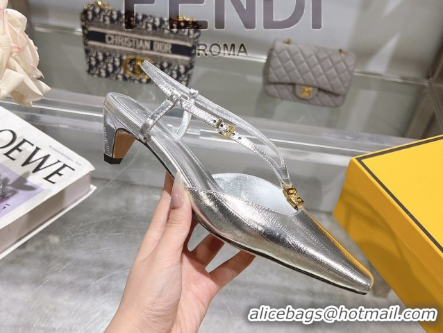 Good Looking Fendi FFold Slingbacks Heeled Sandals 5cm in Eel Emboosed Leather Silver 0425145