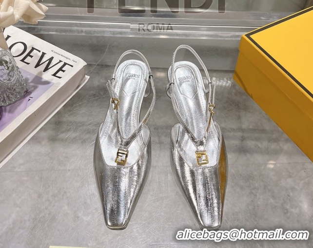 Good Looking Fendi FFold Slingbacks Heeled Sandals 5cm in Eel Emboosed Leather Silver 0425145