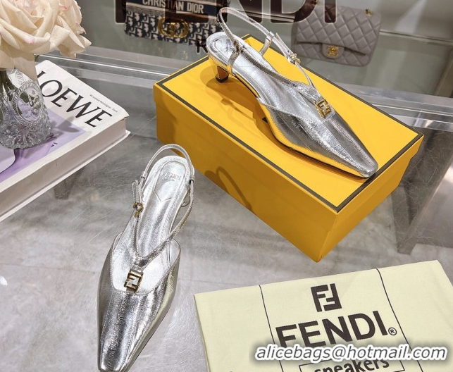 Good Looking Fendi FFold Slingbacks Heeled Sandals 5cm in Eel Emboosed Leather Silver 0425145