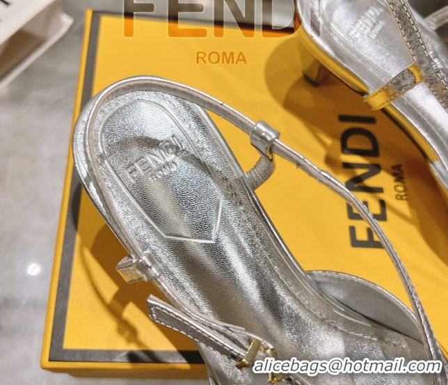 Good Looking Fendi FFold Slingbacks Heeled Sandals 5cm in Eel Emboosed Leather Silver 0425145