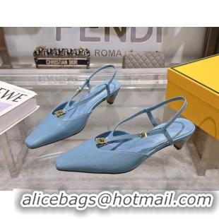 Popular Style Fendi FFold Slingbacks Heeled Sandals 5cm in Eel Emboosed Leather Light Blue 0425146