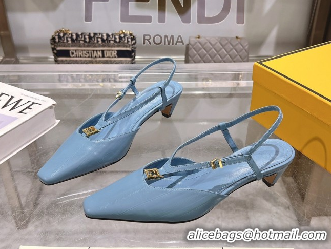 Popular Style Fendi FFold Slingbacks Heeled Sandals 5cm in Eel Emboosed Leather Light Blue 0425146