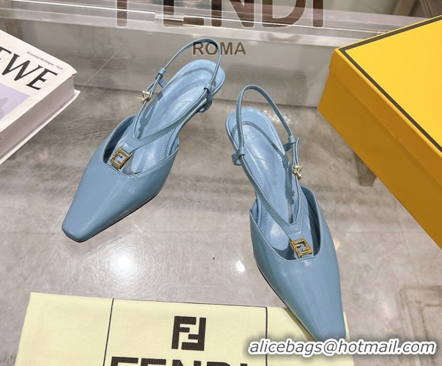 Popular Style Fendi FFold Slingbacks Heeled Sandals 5cm in Eel Emboosed Leather Light Blue 0425146