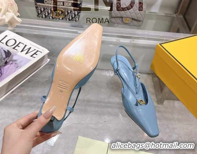Popular Style Fendi FFold Slingbacks Heeled Sandals 5cm in Eel Emboosed Leather Light Blue 0425146