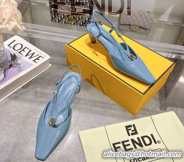 Popular Style Fendi FFold Slingbacks Heeled Sandals 5cm in Eel Emboosed Leather Light Blue 0425146