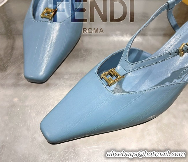 Popular Style Fendi FFold Slingbacks Heeled Sandals 5cm in Eel Emboosed Leather Light Blue 0425146