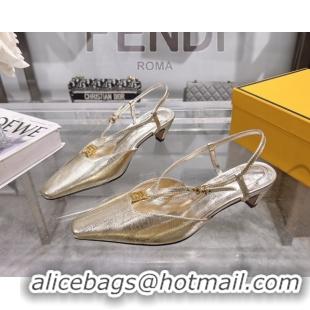 Top Design Fendi FFold Slingbacks Heeled Sandals 5cm in Eel Emboosed Leather Gold 0425147