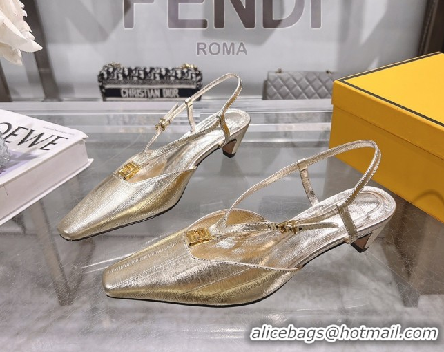 Top Design Fendi FFold Slingbacks Heeled Sandals 5cm in Eel Emboosed Leather Gold 0425147
