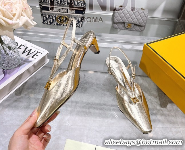 Top Design Fendi FFold Slingbacks Heeled Sandals 5cm in Eel Emboosed Leather Gold 0425147