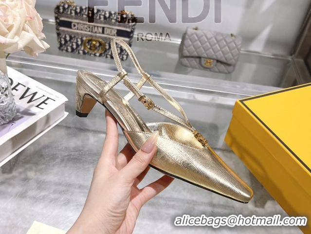 Top Design Fendi FFold Slingbacks Heeled Sandals 5cm in Eel Emboosed Leather Gold 0425147