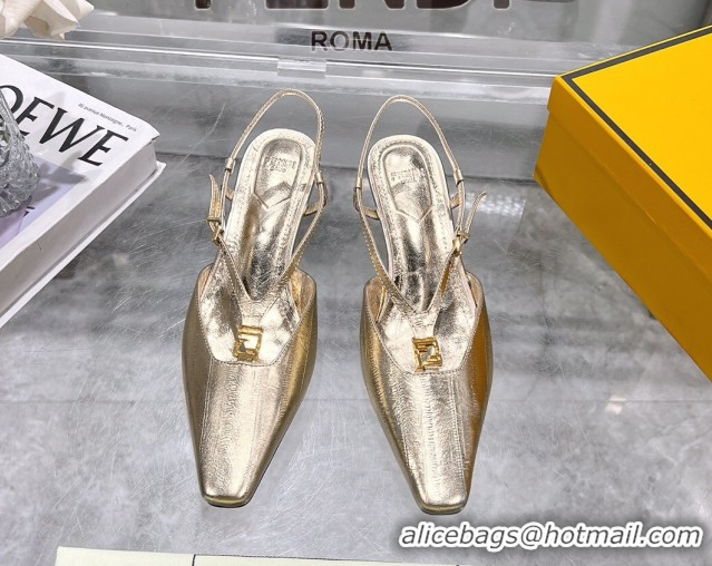 Top Design Fendi FFold Slingbacks Heeled Sandals 5cm in Eel Emboosed Leather Gold 0425147