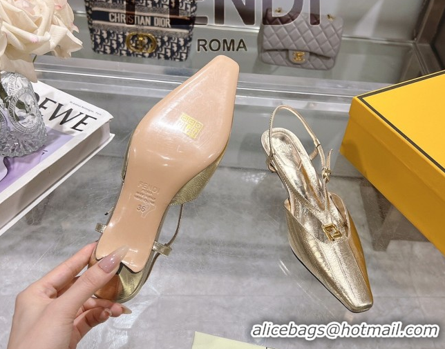 Top Design Fendi FFold Slingbacks Heeled Sandals 5cm in Eel Emboosed Leather Gold 0425147