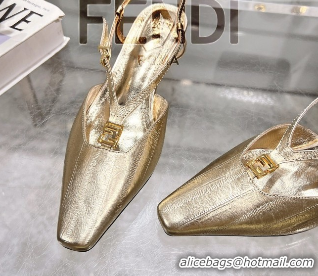 Top Design Fendi FFold Slingbacks Heeled Sandals 5cm in Eel Emboosed Leather Gold 0425147
