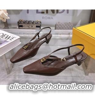 Shop Duplicate Fendi FFold Slingbacks Heeled Sandals 5cm in Eel Emboosed Leather Brown 0425148