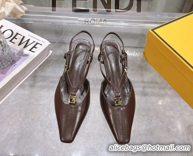 Shop Duplicate Fendi FFold Slingbacks Heeled Sandals 5cm in Eel Emboosed Leather Brown 0425148