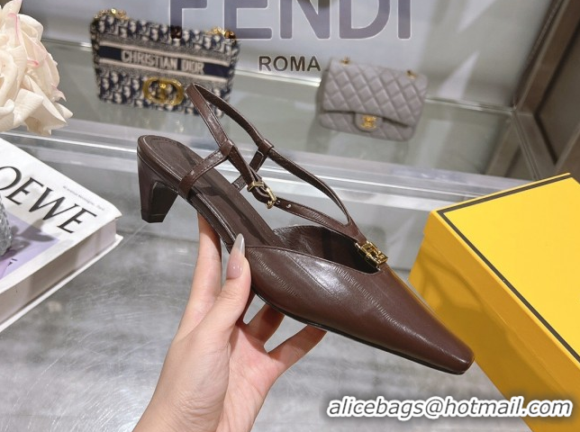 Shop Duplicate Fendi FFold Slingbacks Heeled Sandals 5cm in Eel Emboosed Leather Brown 0425148