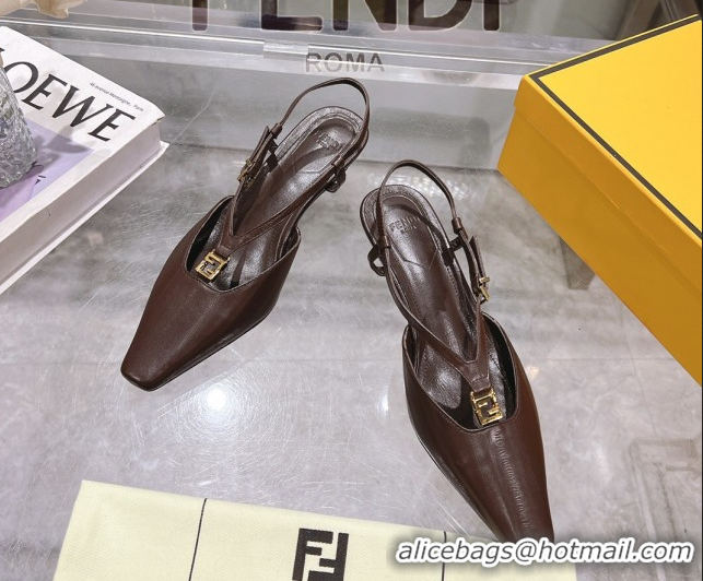 Shop Duplicate Fendi FFold Slingbacks Heeled Sandals 5cm in Eel Emboosed Leather Brown 0425148
